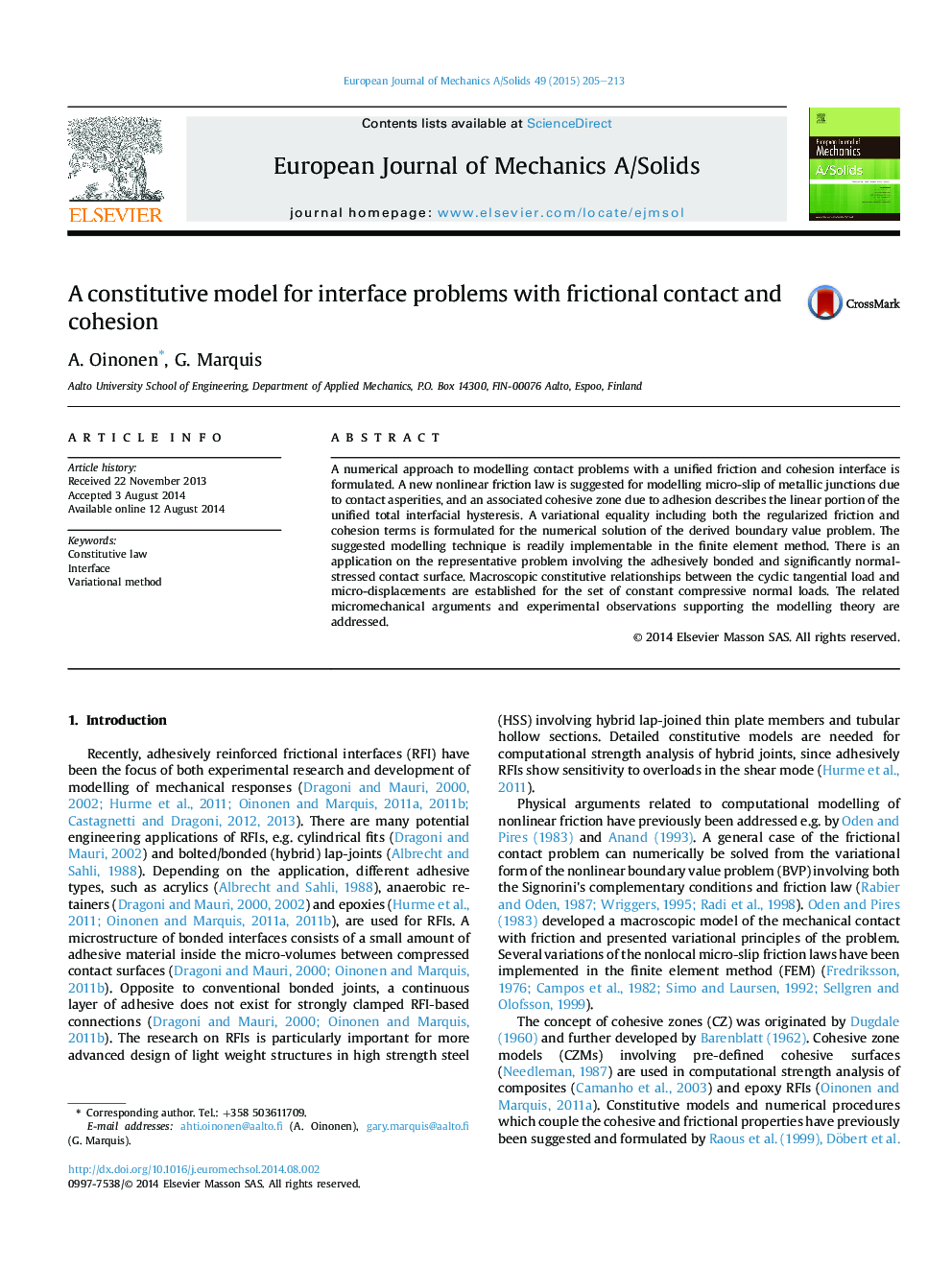 A constitutive model for interface problems with frictional contact and cohesion