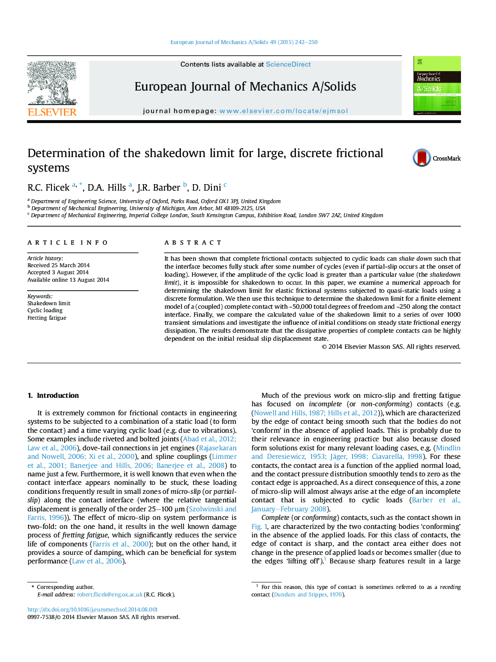 Determination of the shakedown limit for large, discrete frictional systems