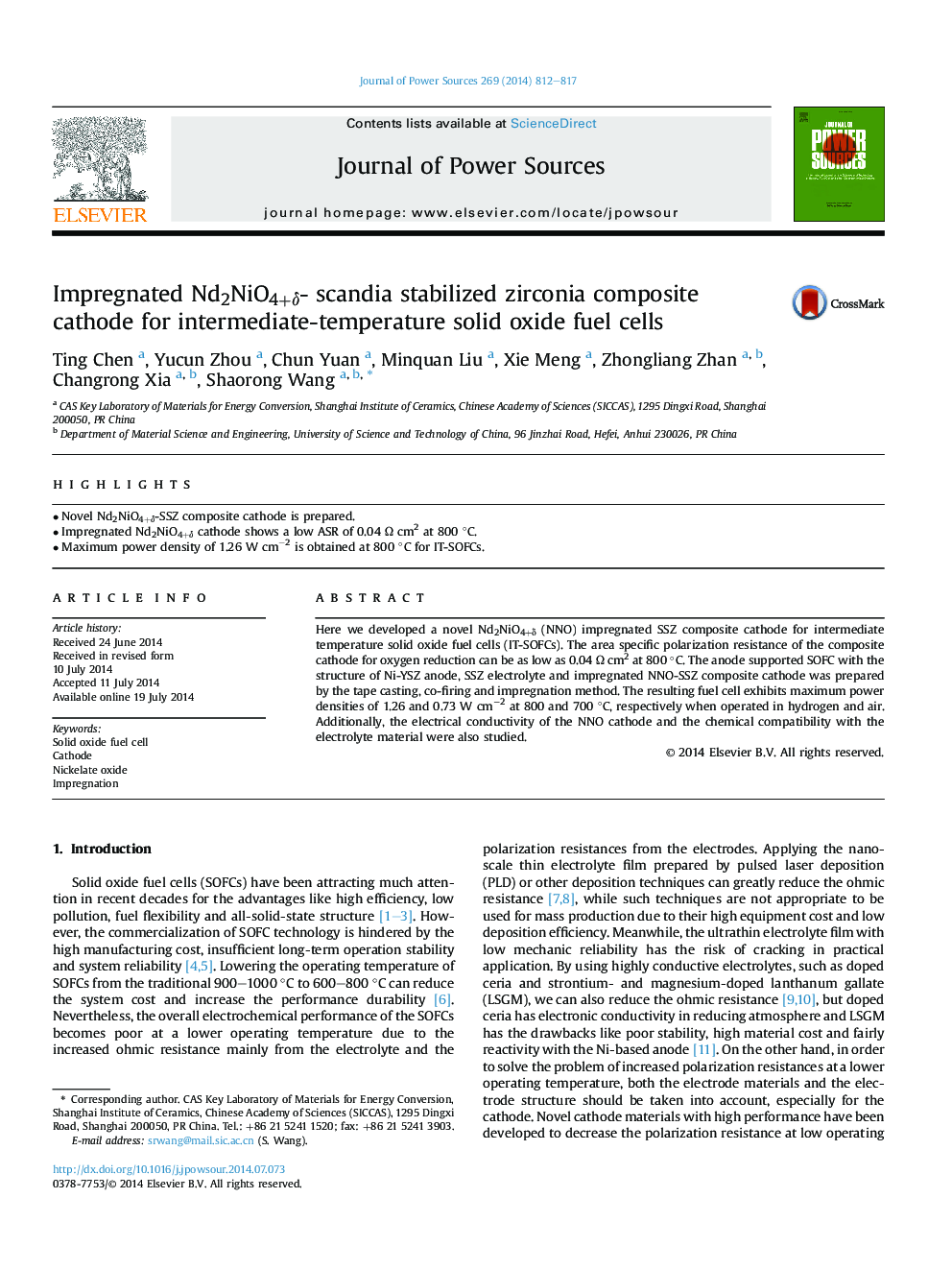 Impregnated Nd2NiO4+Î´- scandia stabilized zirconia composite cathode for intermediate-temperature solid oxide fuel cells