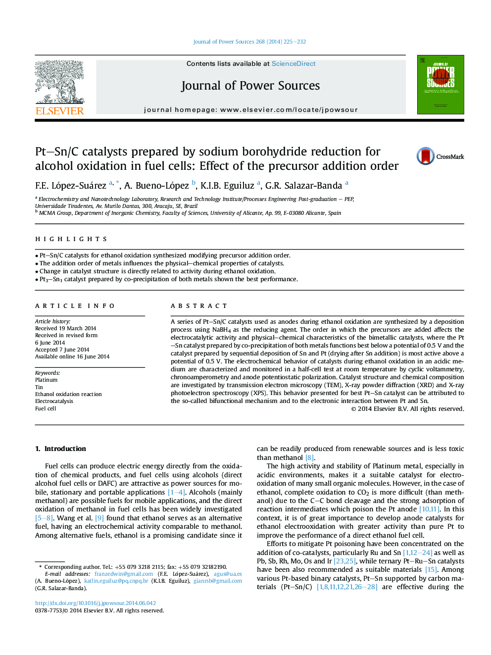 Pt-Sn/C catalysts prepared by sodium borohydride reduction for alcohol oxidation in fuel cells: Effect of the precursor addition order