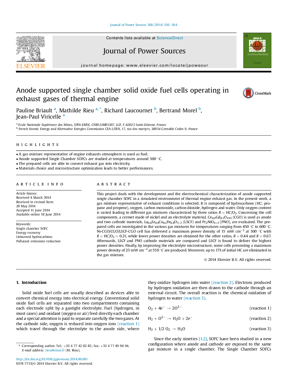 Anode supported single chamber solid oxide fuel cells operating in exhaust gases of thermal engine