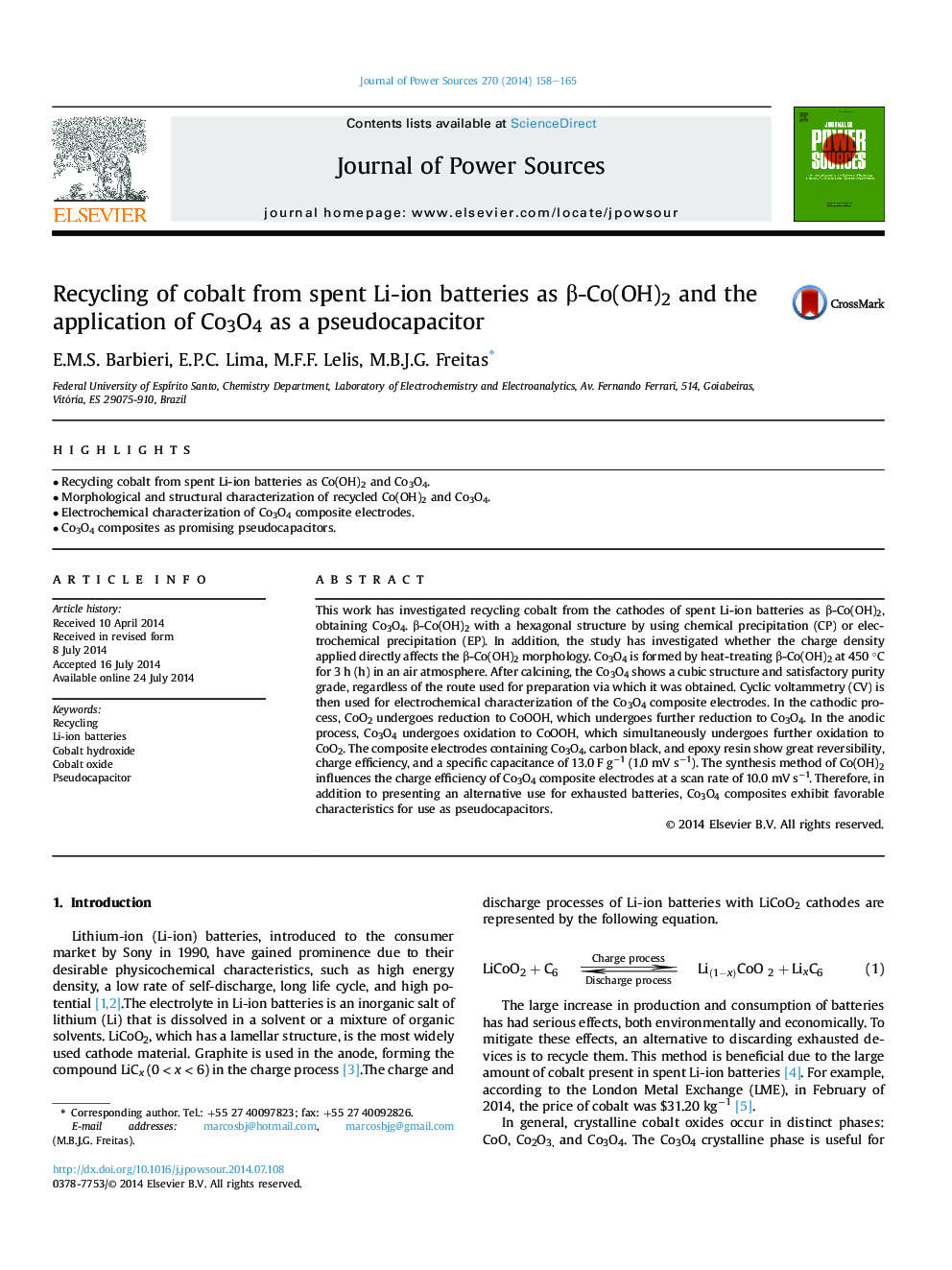 Recycling of cobalt from spent Li-ion batteries as Î²-Co(OH)2 and the application of Co3O4 as a pseudocapacitor