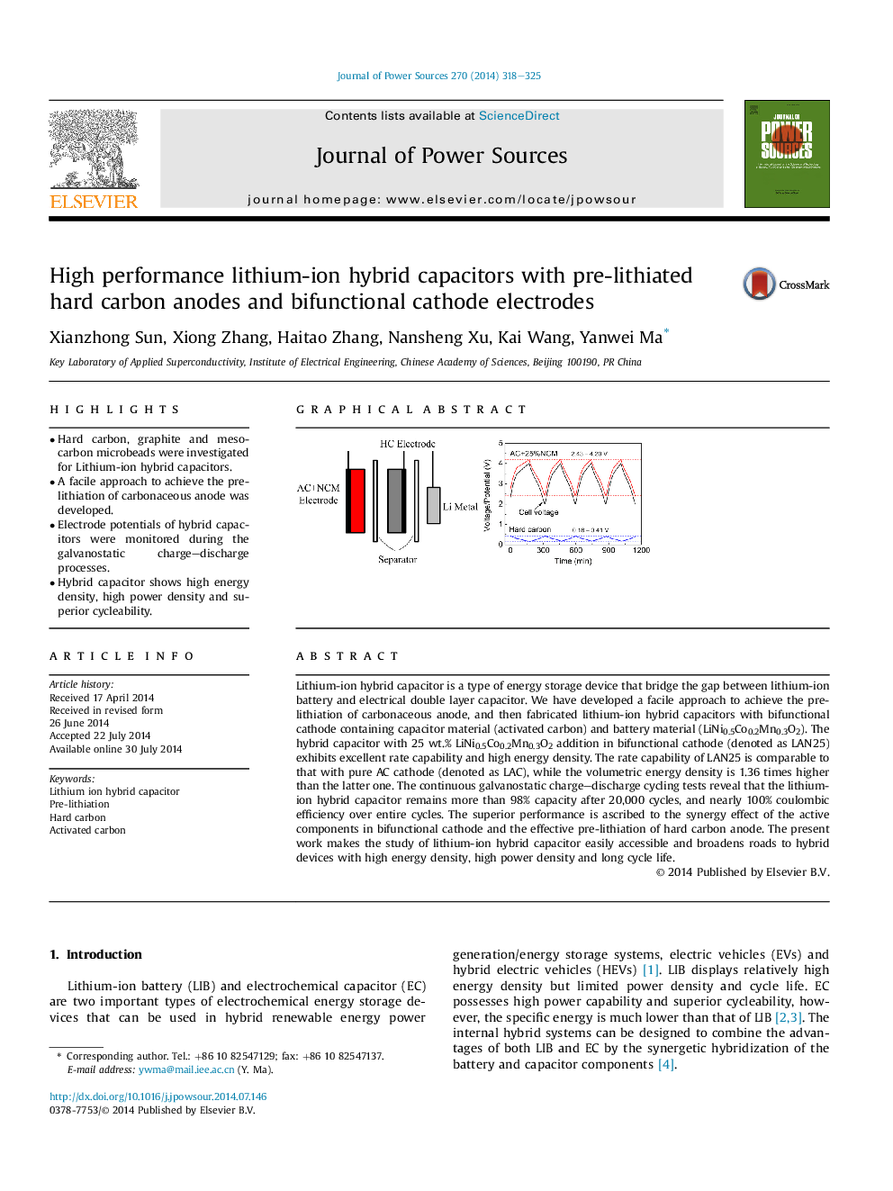 High performance lithium-ion hybrid capacitors with pre-lithiated hard carbon anodes and bifunctional cathode electrodes