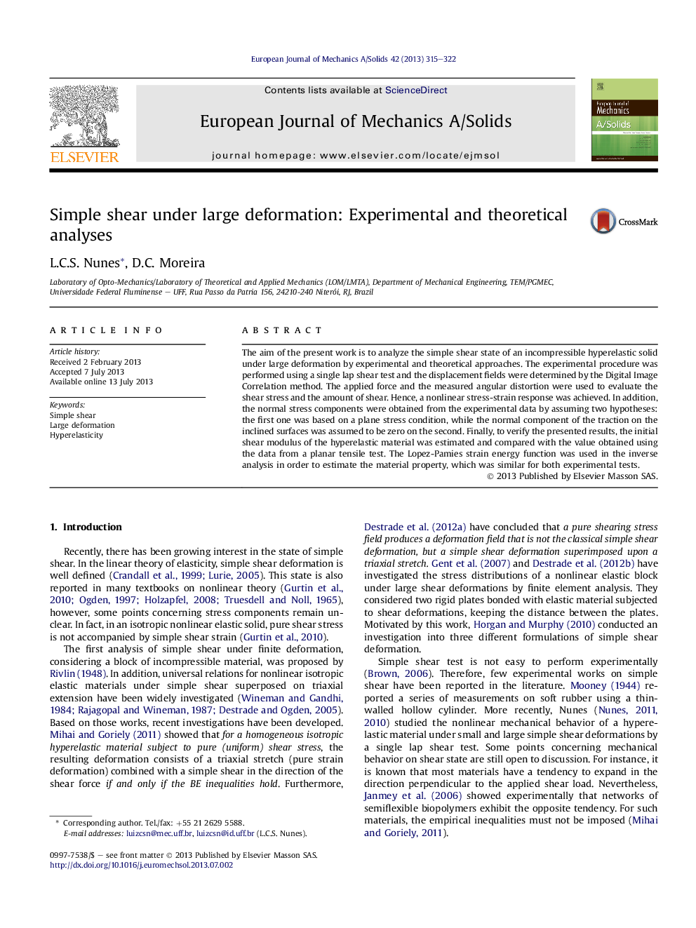 Simple shear under large deformation: Experimental and theoretical analyses