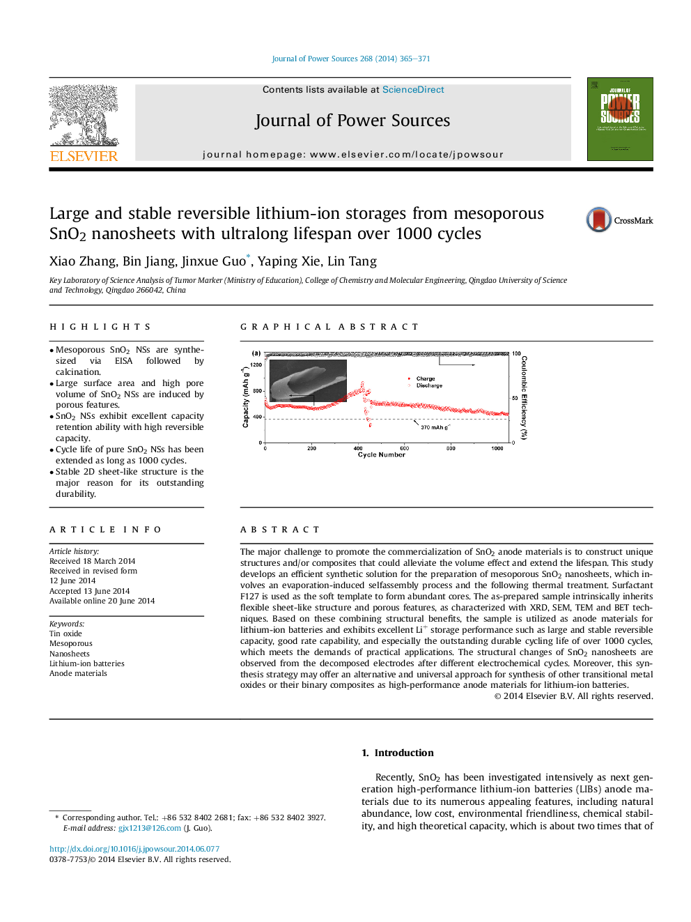 Large and stable reversible lithium-ion storages from mesoporous SnO2 nanosheets with ultralong lifespan over 1000 cycles