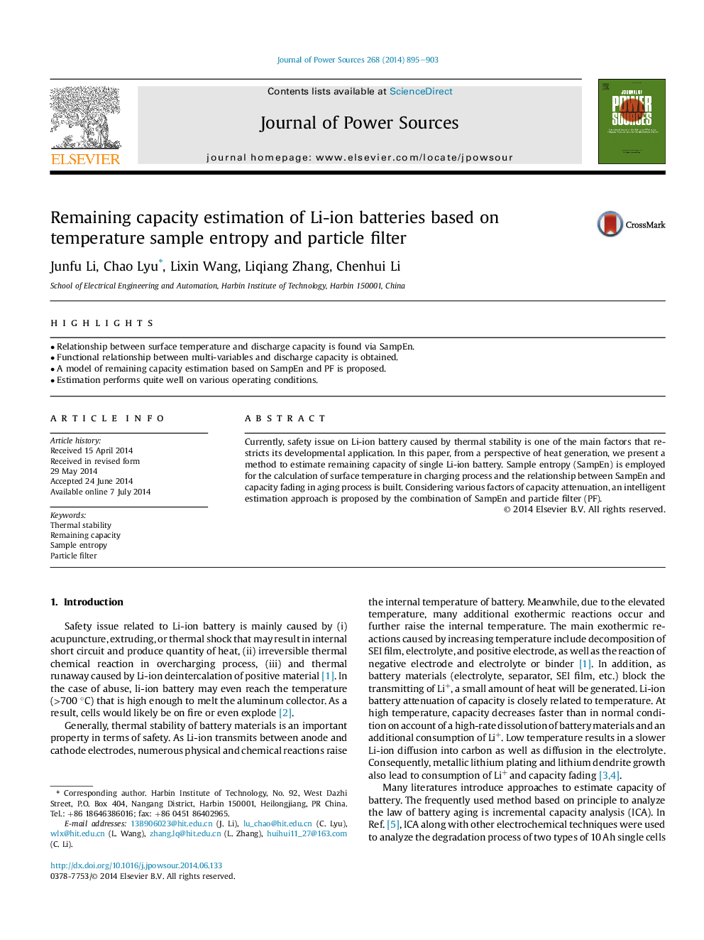 Remaining capacity estimation of Li-ion batteries based on temperature sample entropy and particle filter