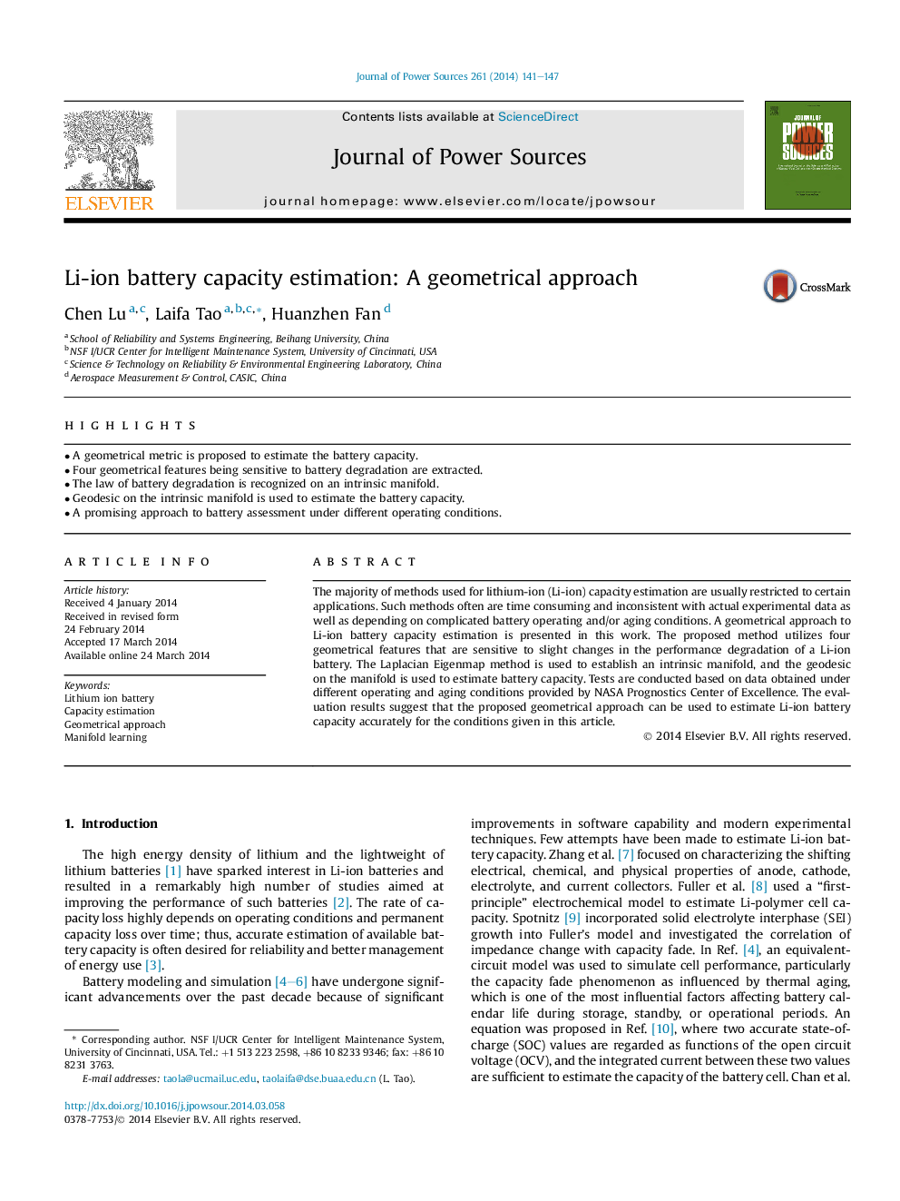 Li-ion battery capacity estimation: A geometrical approach