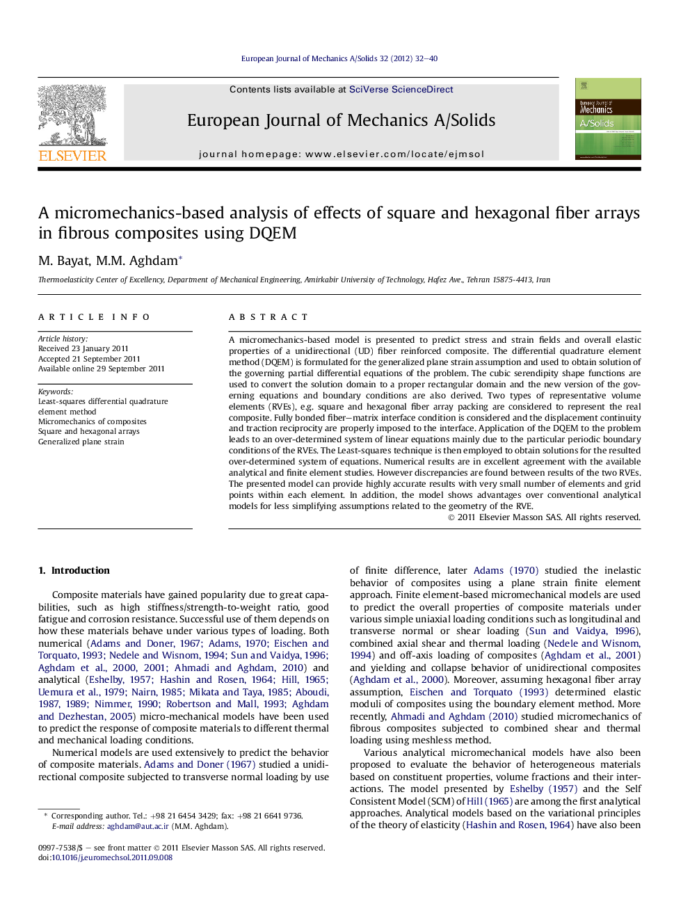 A micromechanics-based analysis of effects of square and hexagonal fiber arrays in fibrous composites using DQEM