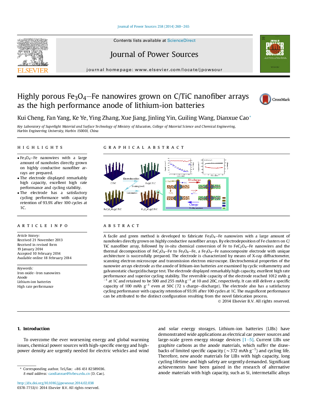 Highly porous Fe3O4-Fe nanowires grown on C/TiC nanofiber arrays as the high performance anode of lithium-ion batteries