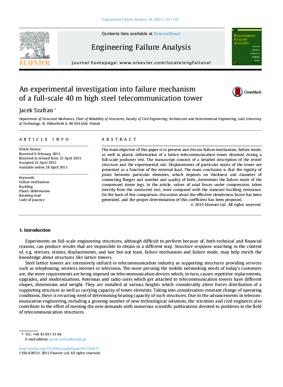 An experimental investigation into failure mechanism of a full-scale 40 m high steel telecommunication tower