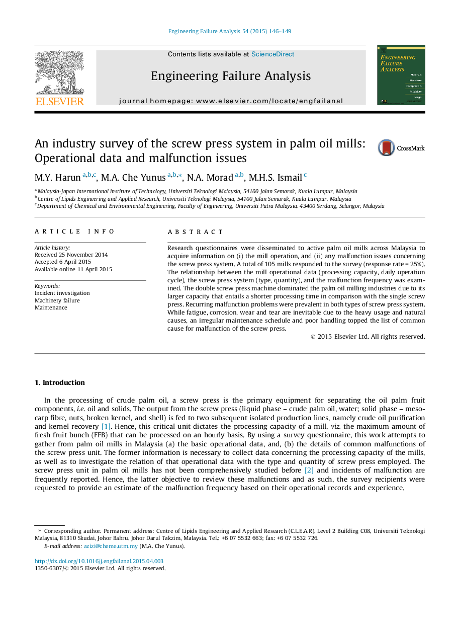 An industry survey of the screw press system in palm oil mills: Operational data and malfunction issues