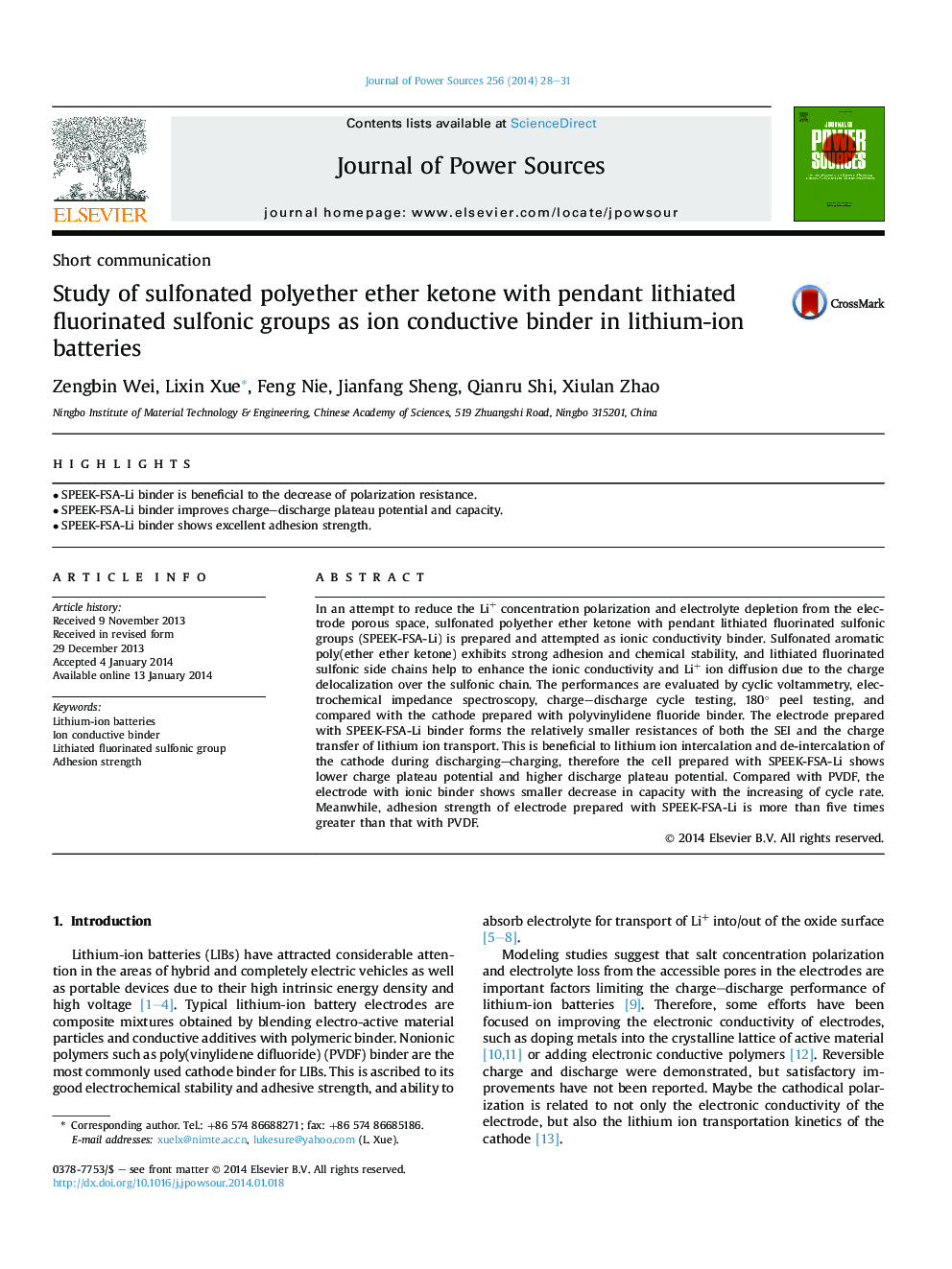 Study of sulfonated polyether ether ketone with pendant lithiated fluorinated sulfonic groups as ion conductive binder in lithium-ion batteries