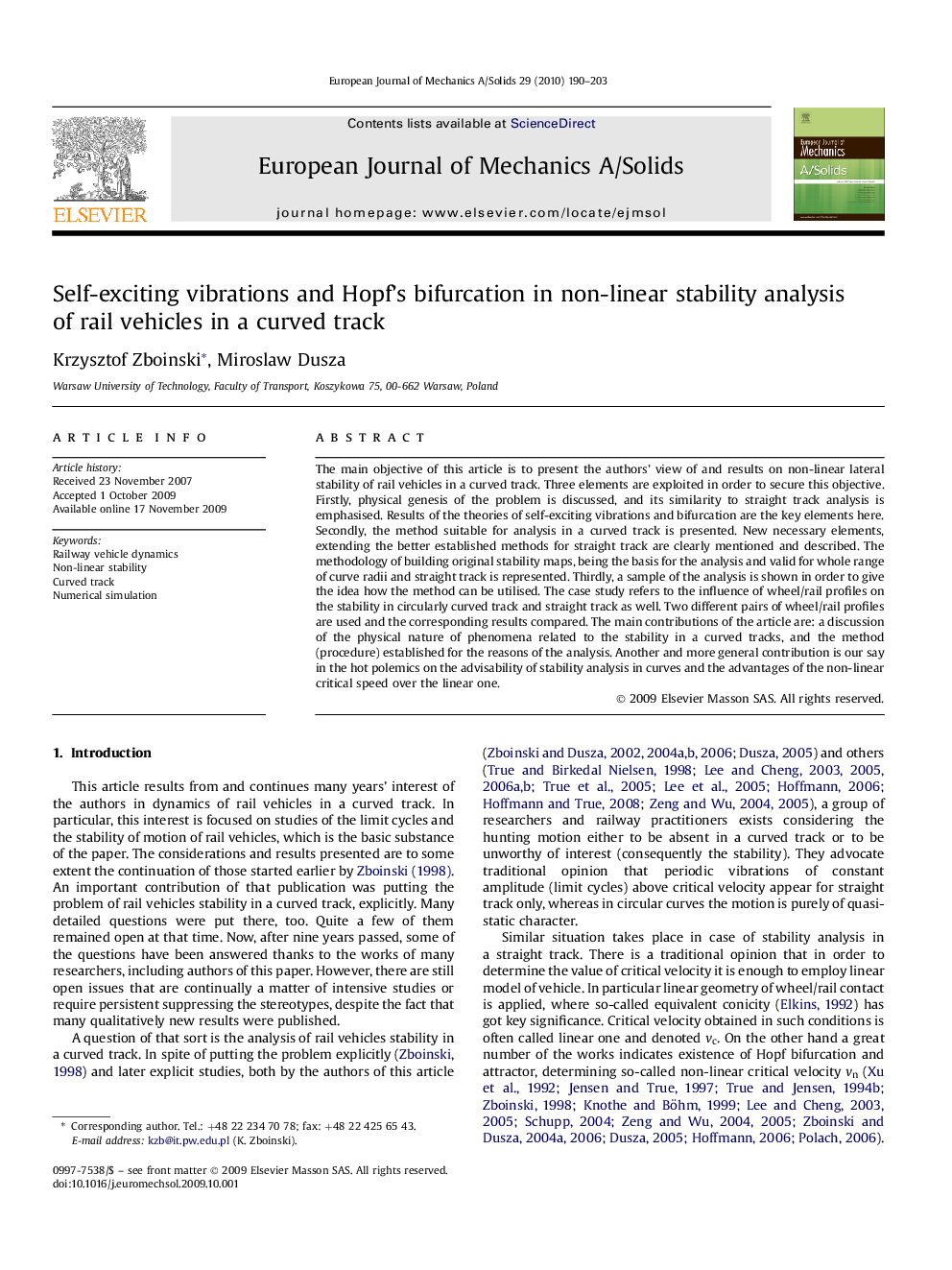 Self-exciting vibrations and Hopf's bifurcation in non-linear stability analysis of rail vehicles in a curved track