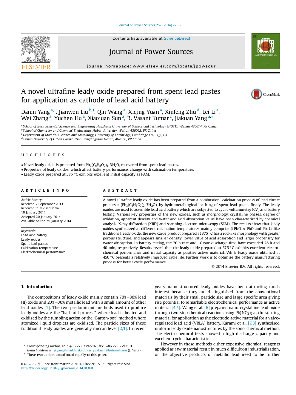 عکس صفحه اول مقاله: A novel ultrafine leady oxide prepared from spent lead pastes for application as cathode of lead acid battery A novel ultrafine leady oxide prepared from spent lead pastes for application as cathode of lead acid battery
