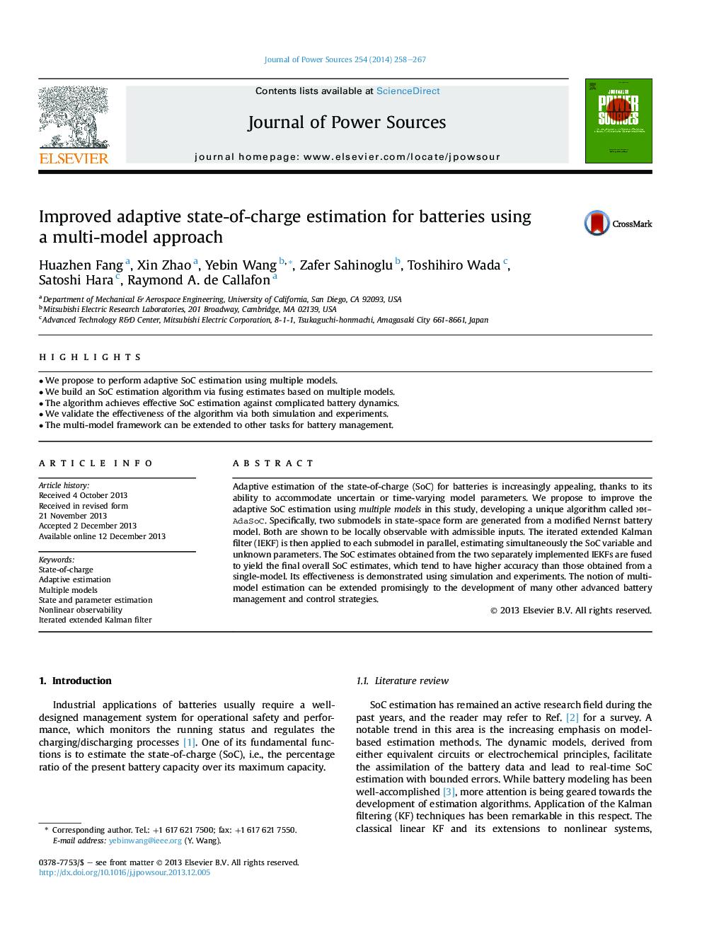 Improved adaptive state-of-charge estimation for batteries using aÂ multi-model approach