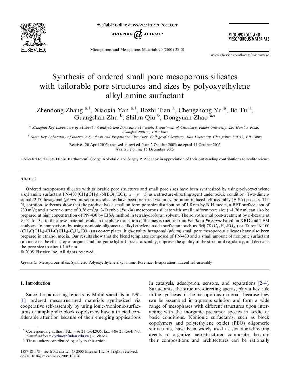 Synthesis of ordered small pore mesoporous silicates with tailorable pore structures and sizes by polyoxyethylene alkyl amine surfactant