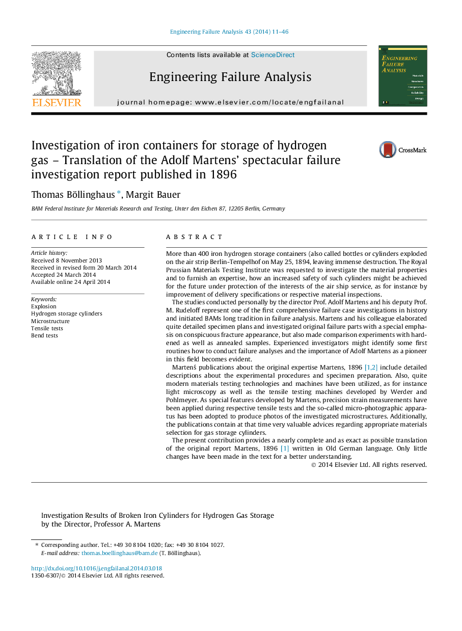 Investigation of iron containers for storage of hydrogen gas – Translation of the Adolf Martens’ spectacular failure investigation report published in 1896