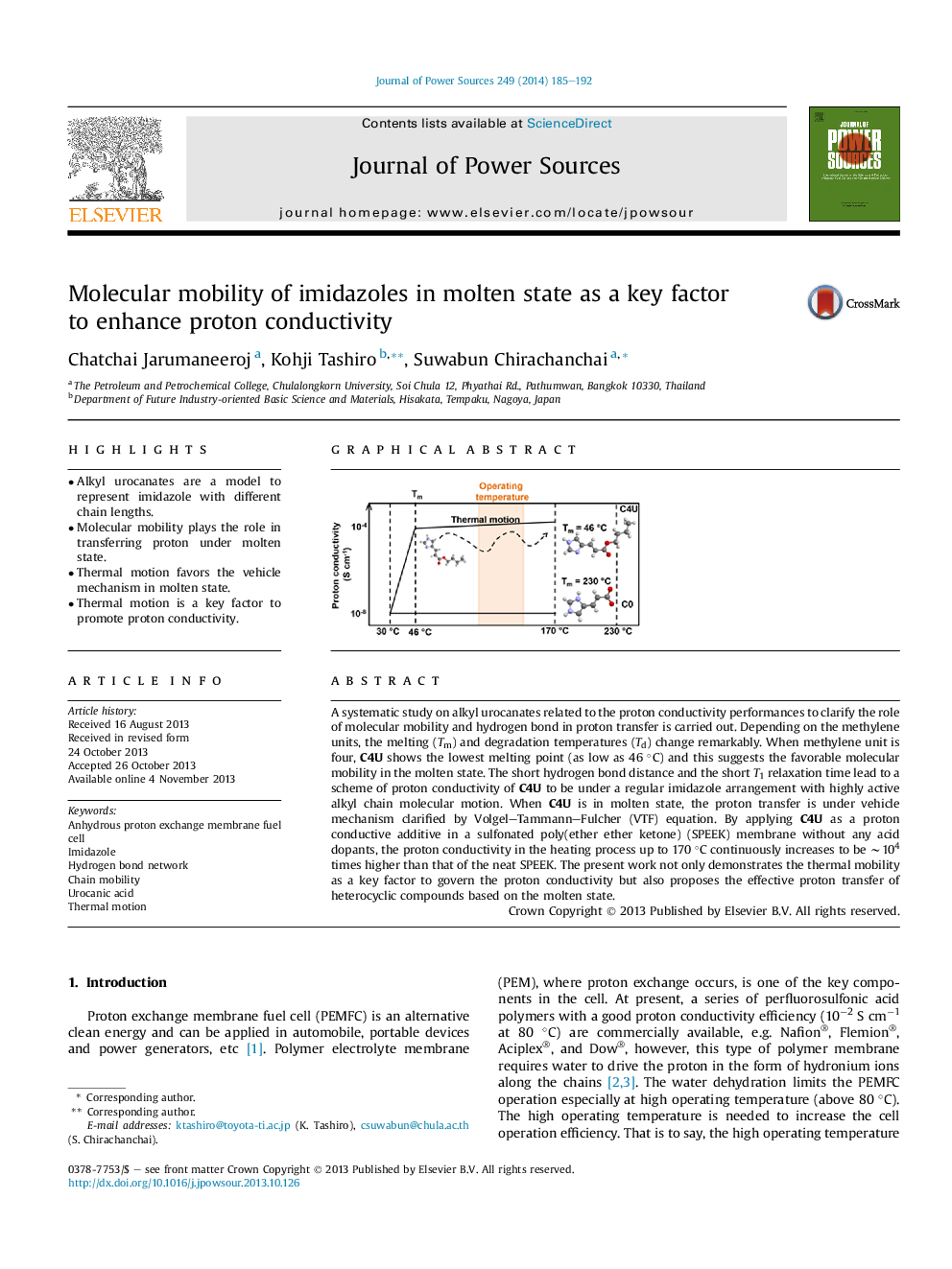 Molecular mobility of imidazoles in molten state as a key factor to enhance proton conductivity