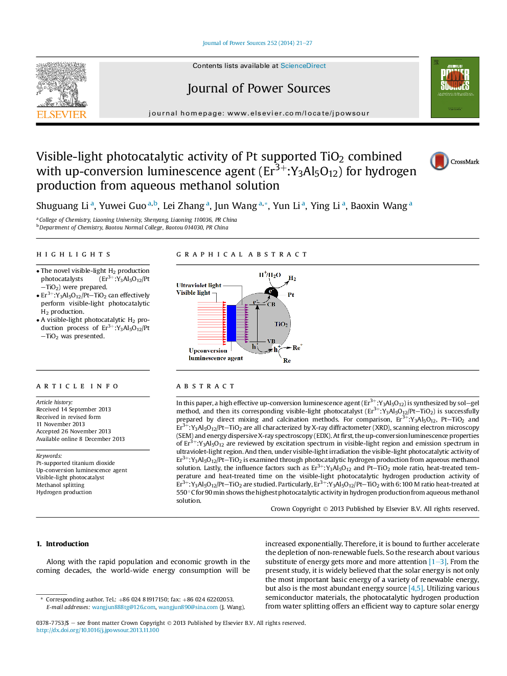 Visible-light photocatalytic activity of Pt supported TiO2 combined with up-conversion luminescence agent (Er3+:Y3Al5O12) for hydrogen production from aqueous methanol solution