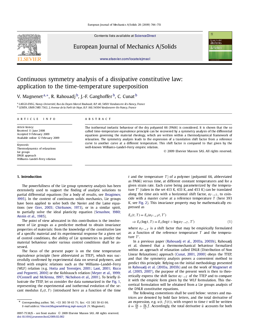 Continuous symmetry analysis of a dissipative constitutive law: application to the time-temperature superposition