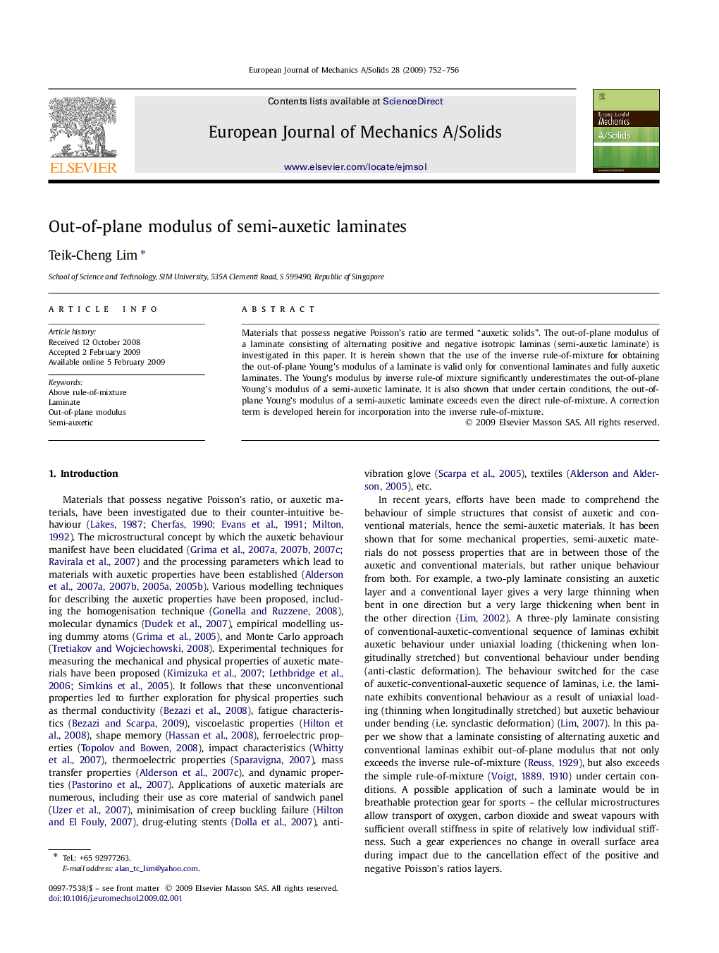 Out-of-plane modulus of semi-auxetic laminates