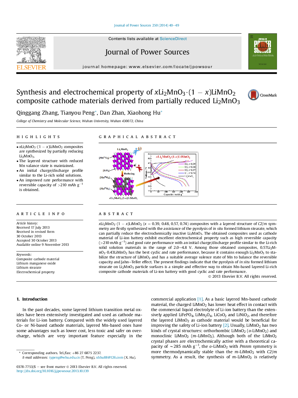 Synthesis and electrochemical property of xLi2MnO3Â·(1Â âÂ x)LiMnO2 composite cathode materials derived from partially reduced Li2MnO3