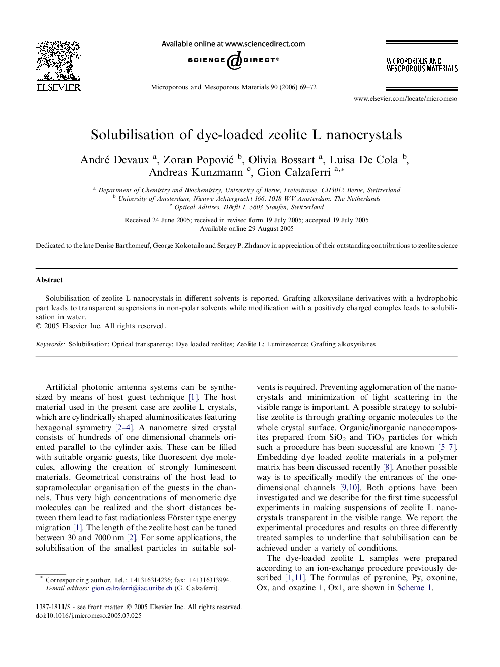 Solubilisation of dye-loaded zeolite L nanocrystals