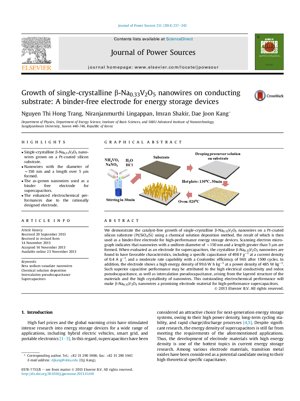 Growth of single-crystalline Î²-Na0.33V2O5 nanowires on conducting substrate: A binder-free electrode for energy storage devices