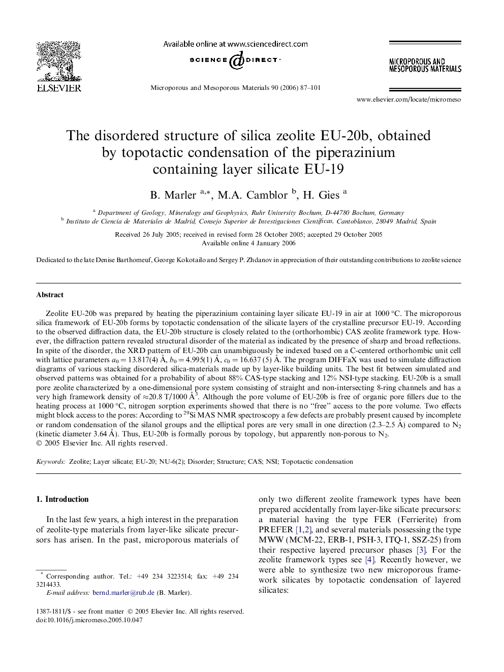 The disordered structure of silica zeolite EU-20b, obtained by topotactic condensation of the piperazinium containing layer silicate EU-19