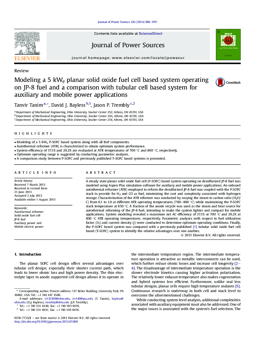 Modeling a 5Â kWe planar solid oxide fuel cell based system operating on JP-8 fuel and a comparison with tubular cell based system for auxiliary and mobile power applications