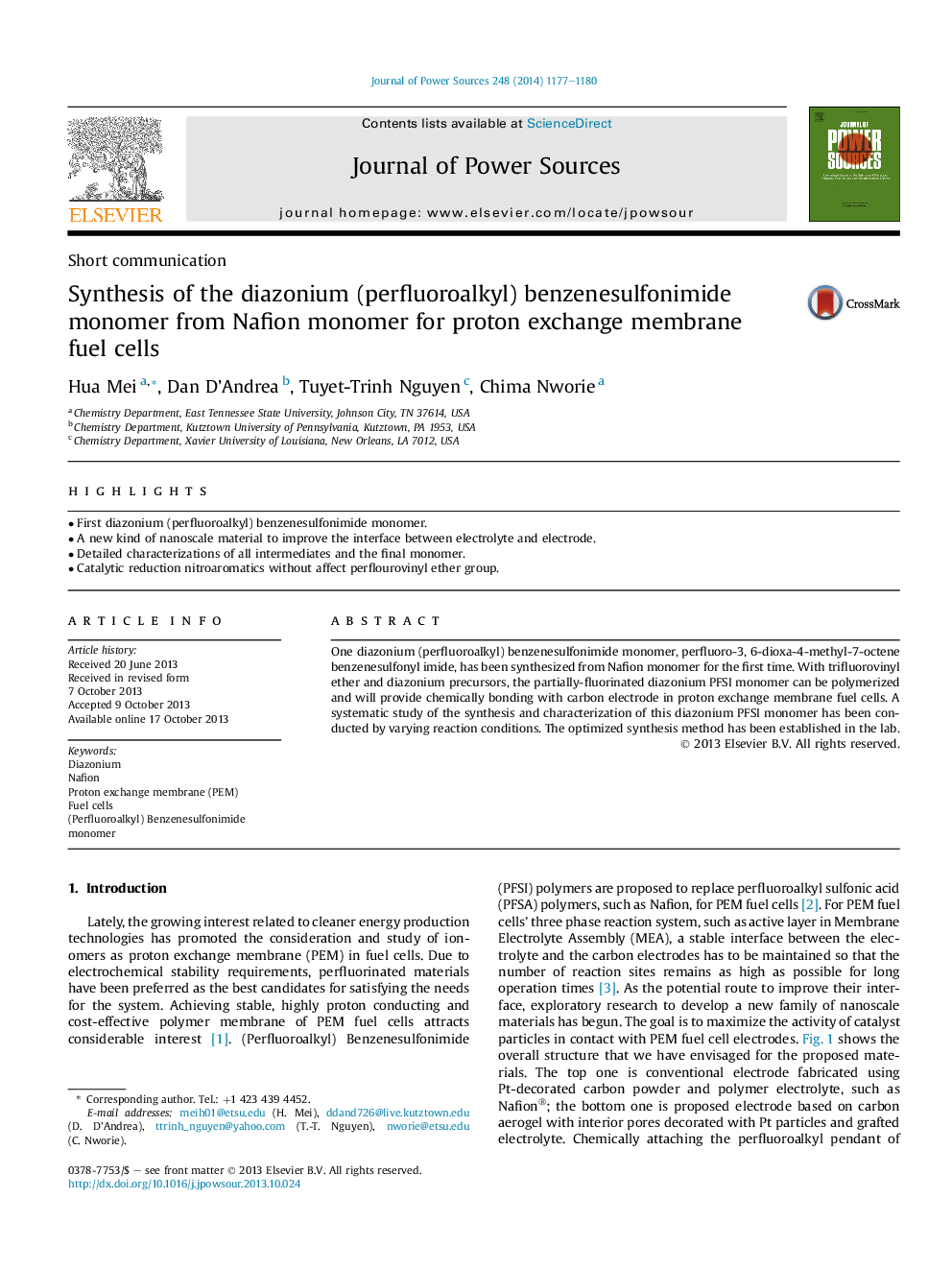 Synthesis of the diazonium (perfluoroalkyl) benzenesulfonimide monomer from Nafion monomer for proton exchange membrane fuelÂ cells