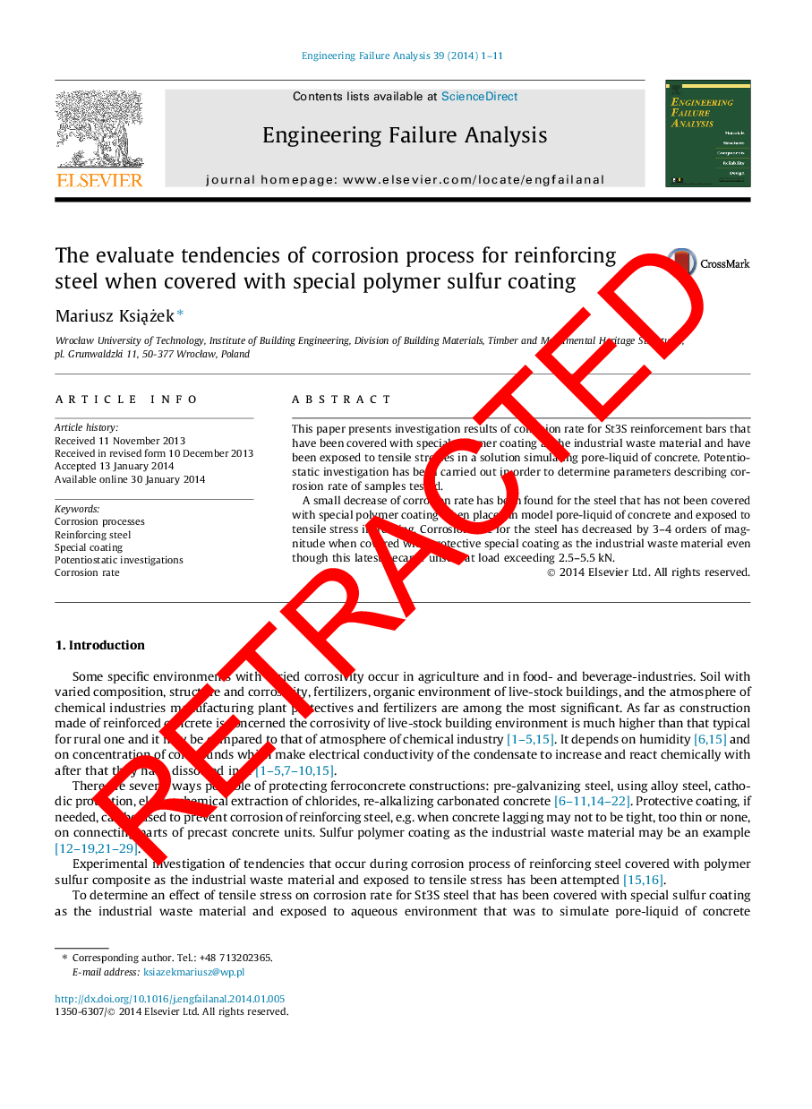 RETRACTED: The evaluate tendencies of corrosion process for reinforcing steel when covered with special polymer sulfur coating