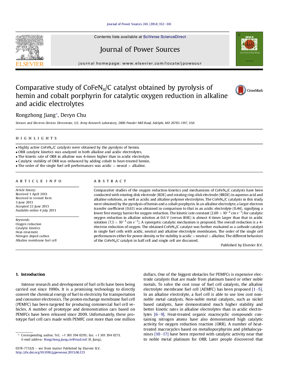 Comparative study of CoFeNx/C catalyst obtained by pyrolysis of hemin and cobalt porphyrin for catalytic oxygen reduction in alkaline and acidic electrolytes