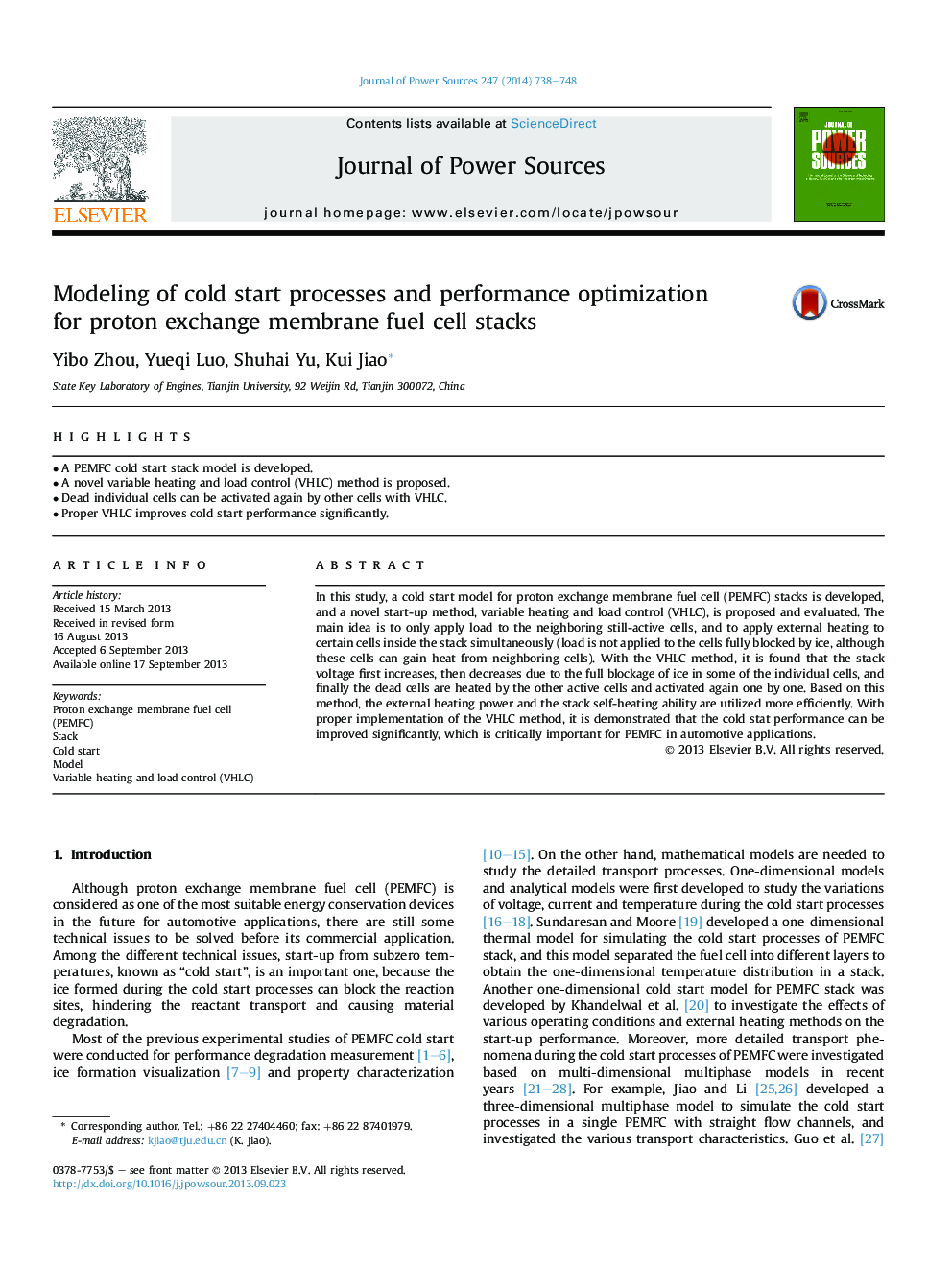 Modeling of cold start processes and performance optimization forÂ proton exchange membrane fuel cell stacks