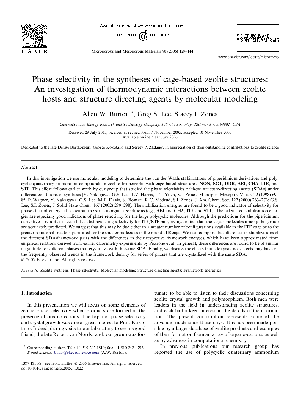 Phase selectivity in the syntheses of cage-based zeolite structures: An investigation of thermodynamic interactions between zeolite hosts and structure directing agents by molecular modeling