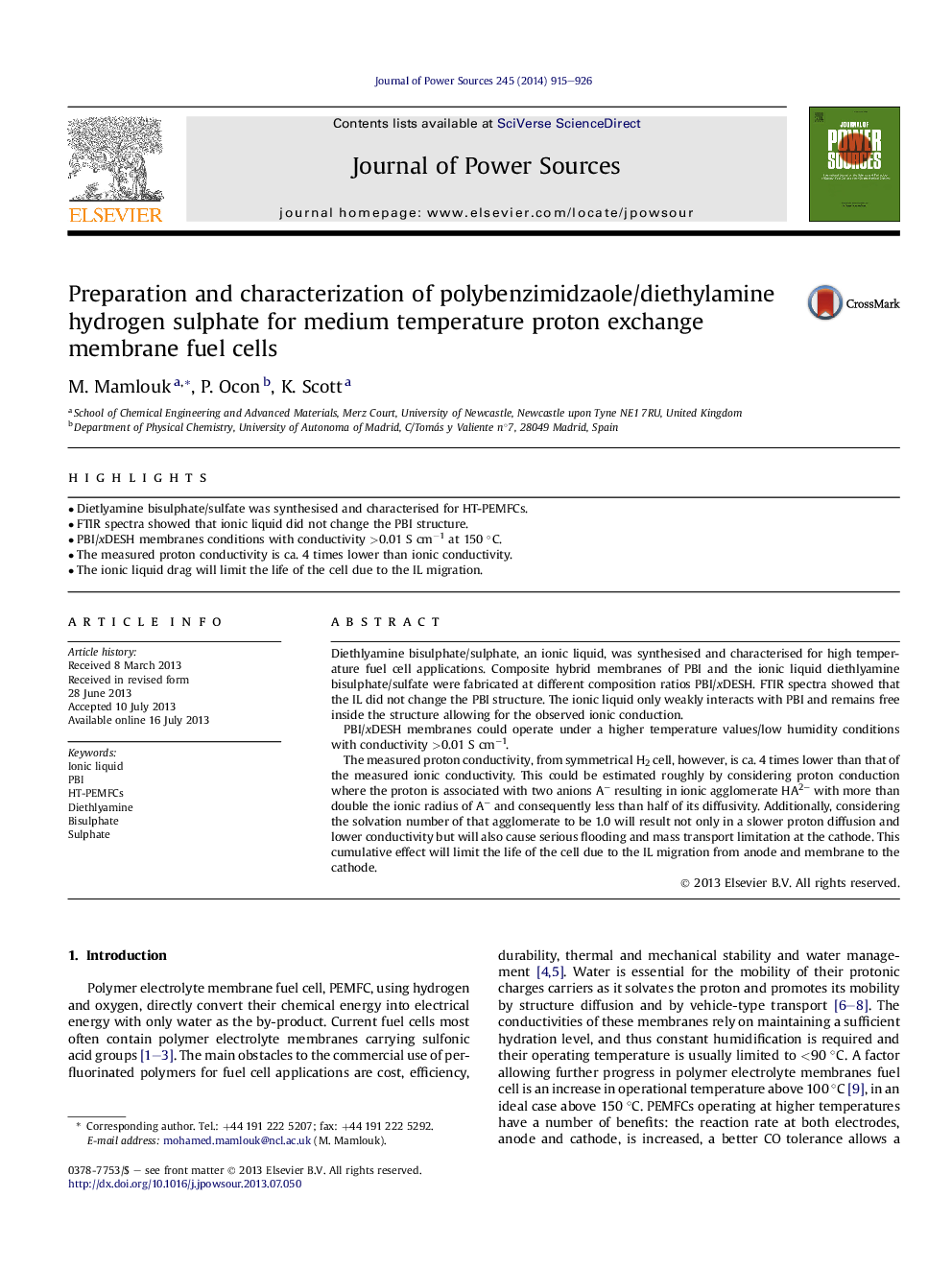 Preparation and characterization of polybenzimidzaole/diethylamine hydrogen sulphate for medium temperature proton exchange membrane fuel cells