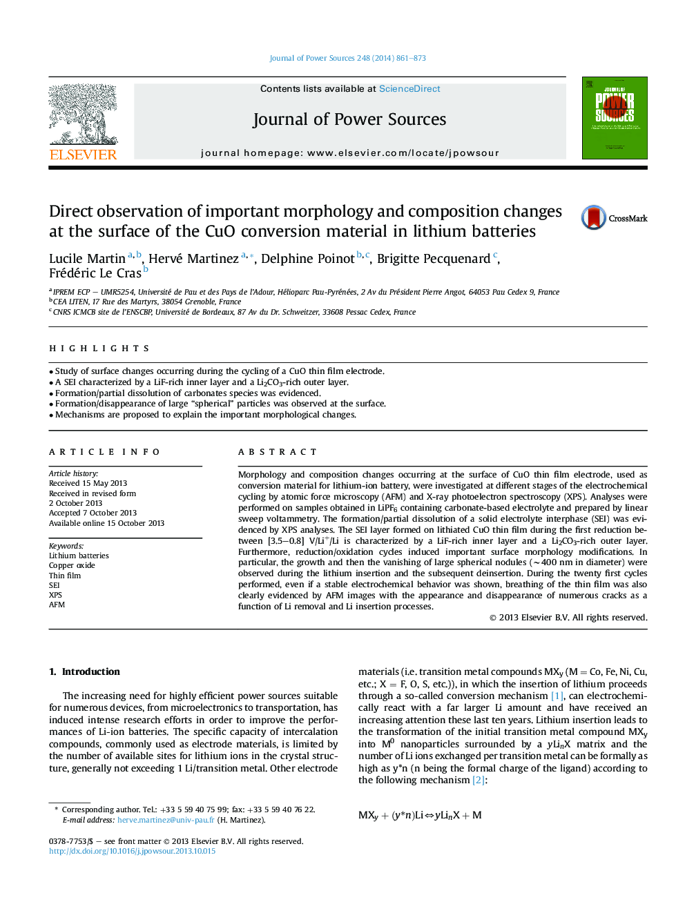 Direct observation of important morphology and composition changes at the surface of the CuO conversion material in lithium batteries