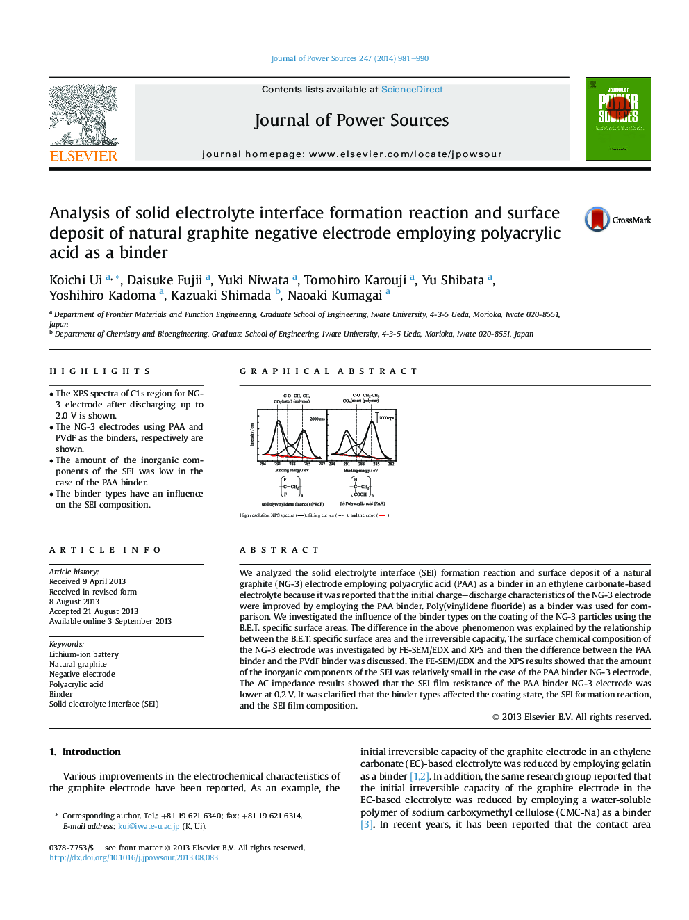 Analysis of solid electrolyte interface formation reaction and surface deposit of natural graphite negative electrode employing polyacrylic acid as a binder