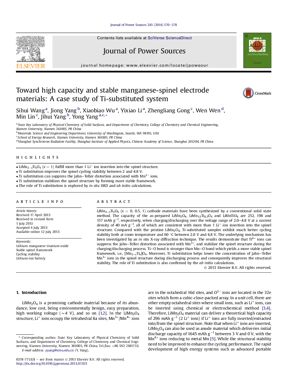 عکس صفحه اول مقاله: Toward high capacity and stable manganese-spinel electrode materials: A case study of Ti-substituted system Toward high capacity and stable manganese-spinel electrode materials: A case study of Ti-substituted system