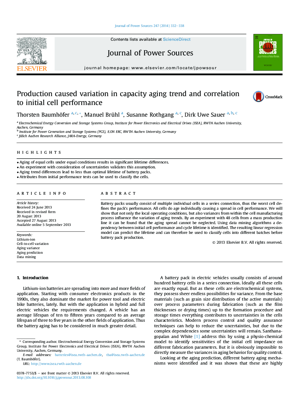 Production caused variation in capacity aging trend and correlation toÂ initial cell performance