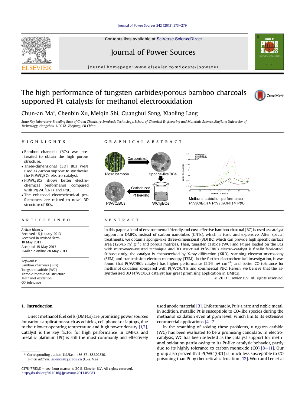 The high performance of tungsten carbides/porous bamboo charcoals supported Pt catalysts for methanol electrooxidation