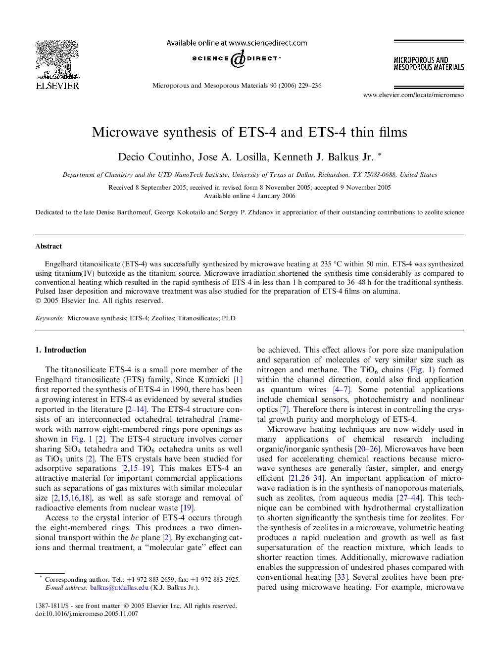 Microwave synthesis of ETS-4 and ETS-4 thin films