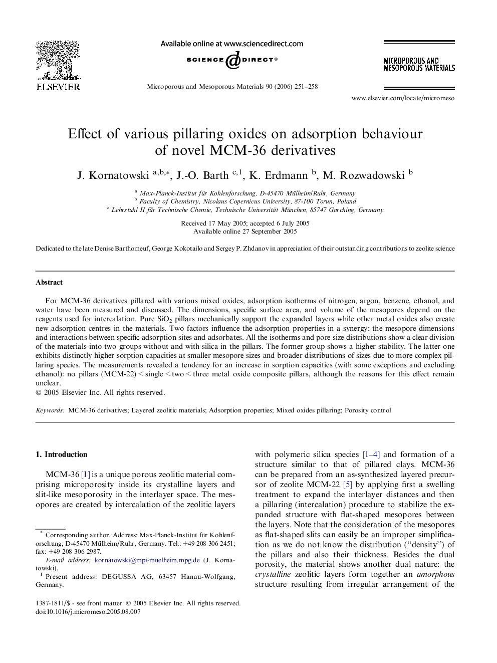 Effect of various pillaring oxides on adsorption behaviour of novel MCM-36 derivatives