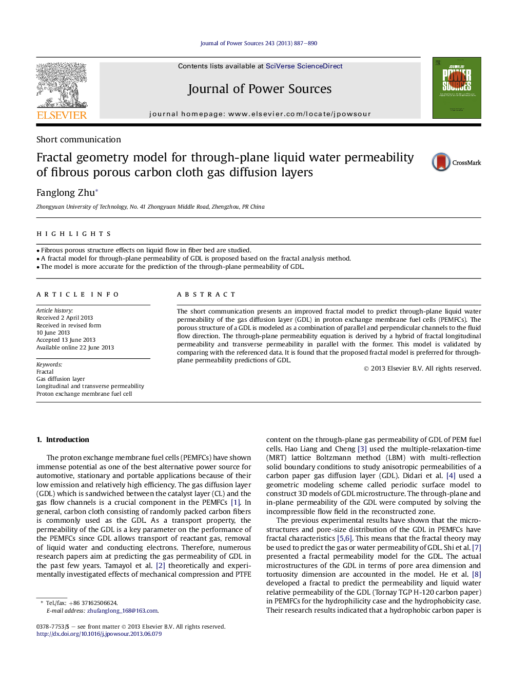 Fractal geometry model for through-plane liquid water permeability of fibrous porous carbon cloth gas diffusion layers