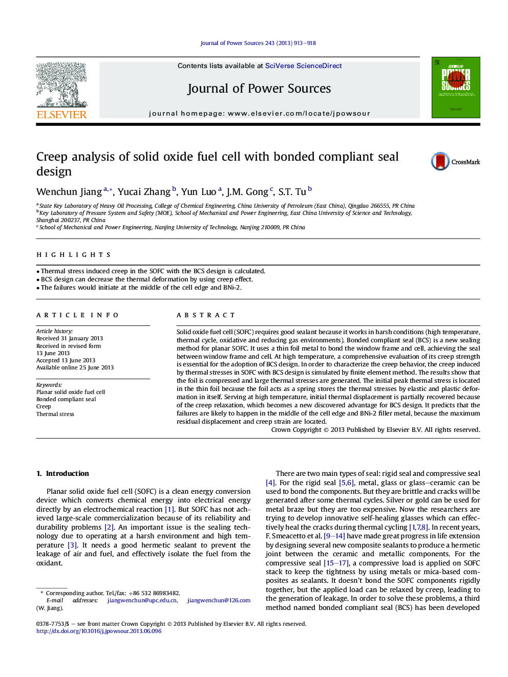 Creep analysis of solid oxide fuel cell with bonded compliant seal design