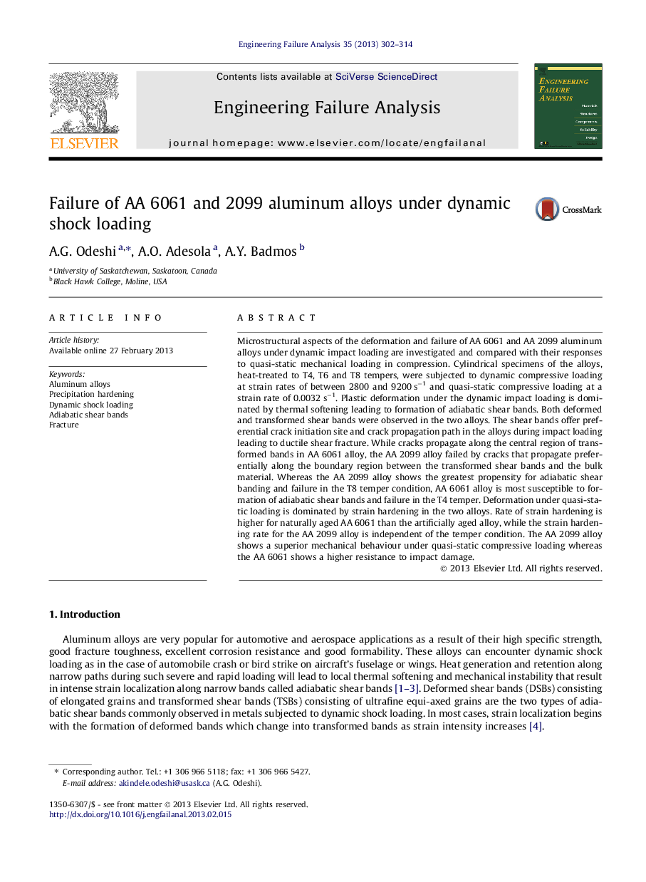 Failure of AA 6061 and 2099 aluminum alloys under dynamic shock loading