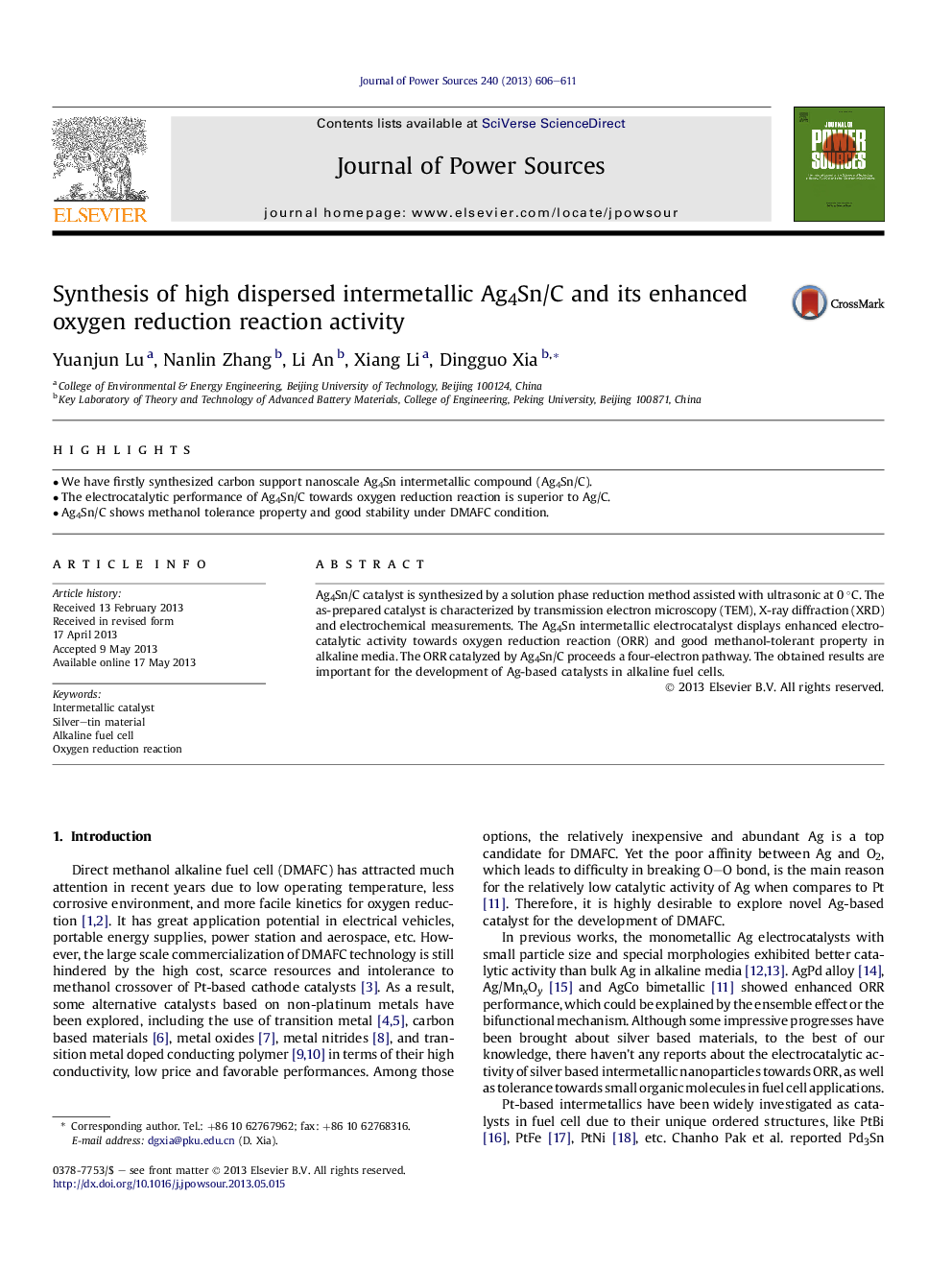 Synthesis of high dispersed intermetallic Ag4Sn/C and its enhanced oxygen reduction reaction activity