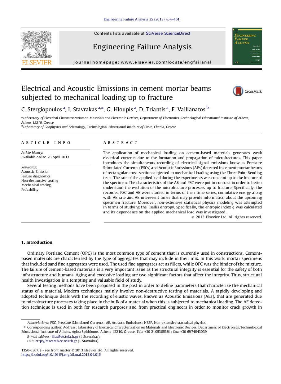 Electrical and Acoustic Emissions in cement mortar beams subjected to mechanical loading up to fracture