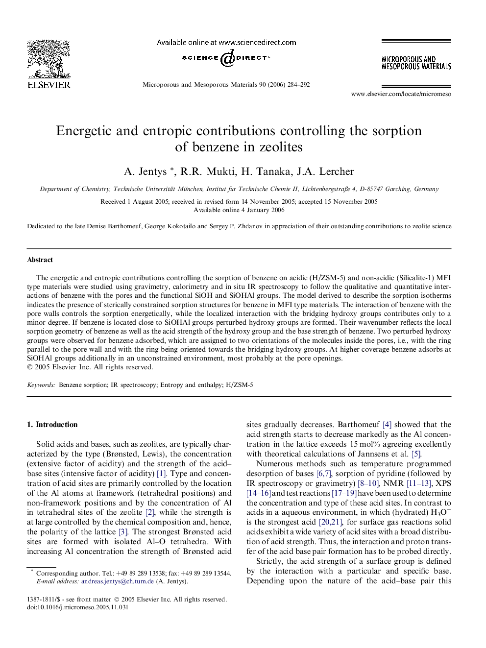 Energetic and entropic contributions controlling the sorption of benzene in zeolites