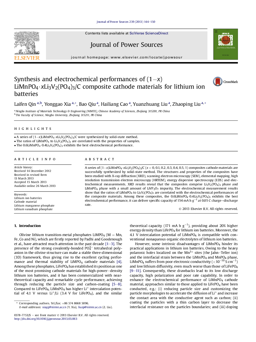 عکس صفحه اول مقاله: Synthesis and electrochemical performances of (1âx)LiMnPO4·xLi3V2(PO4)3/C composite cathode materials for lithium ion batteries Synthesis and electrochemical performances of (1âx)LiMnPO4·xLi3V2(PO4)3/C composite cathode materials for lithium ion batteries